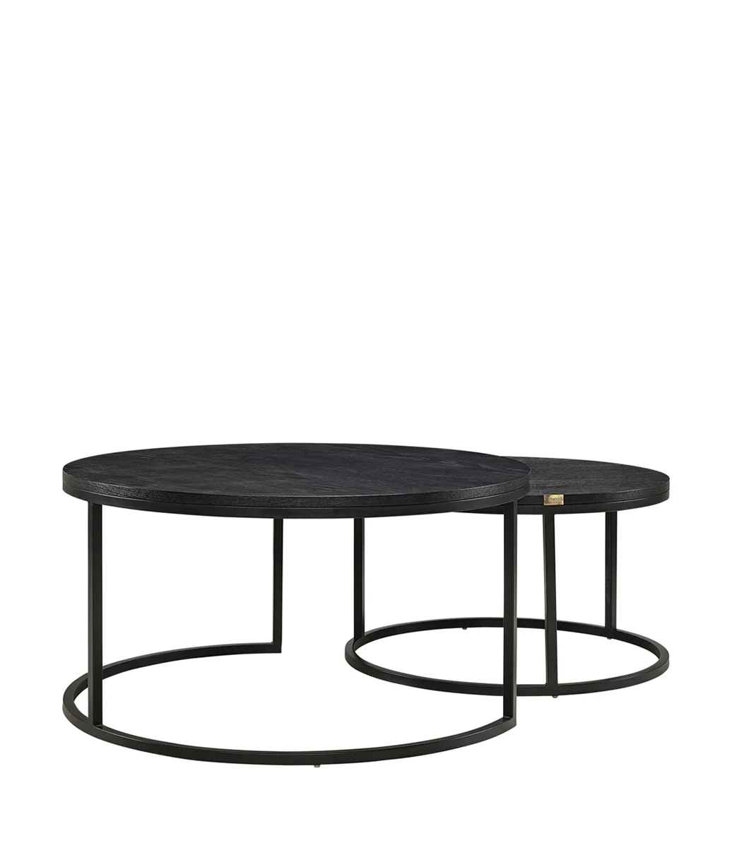 Två runda soffbord i ett set, svart ek med metallundere